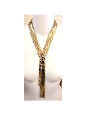 Vintage 70s Silver Tone Mesh Y Necklace Liquid Fringe Tassel Drop Foldover Clasp